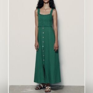 NWT Zara Linen Blend Maxi Dress Forest Green size XS